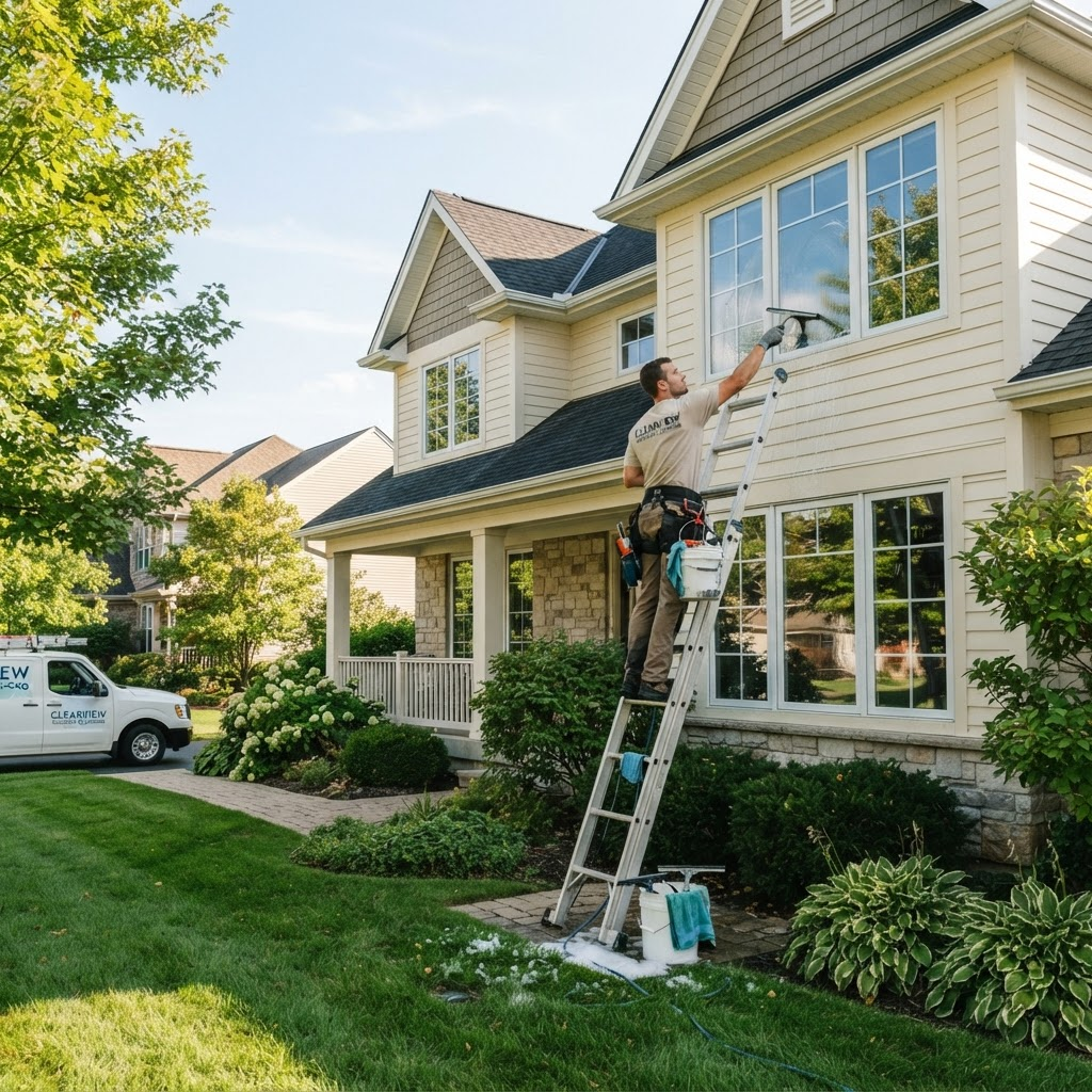 Cleaning the exterior windows of a suburban home