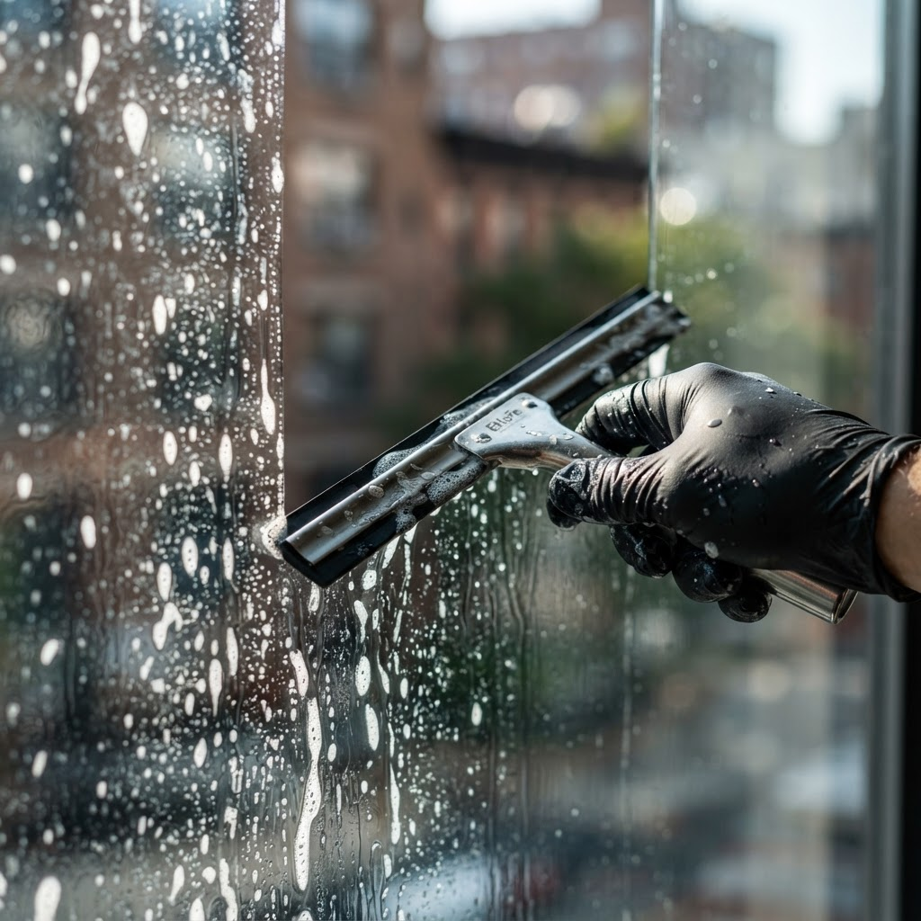A squeegee leaving a streak-free line across clean glass